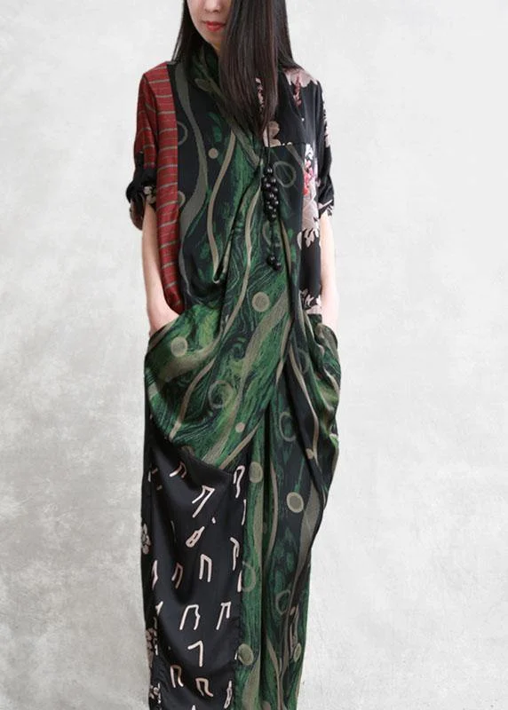 Style Green V Neck Patchwork Fall Print Maxi Dresses Long sleeve