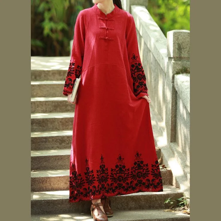 Style stand collar cotton clothes Women Outfits red embroidery Maxi Dresses fall