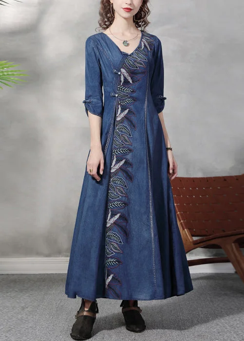 Stylish Blue V Neck Leaf Embroideried Cotton Denim Maxi Dress Half Sleeve