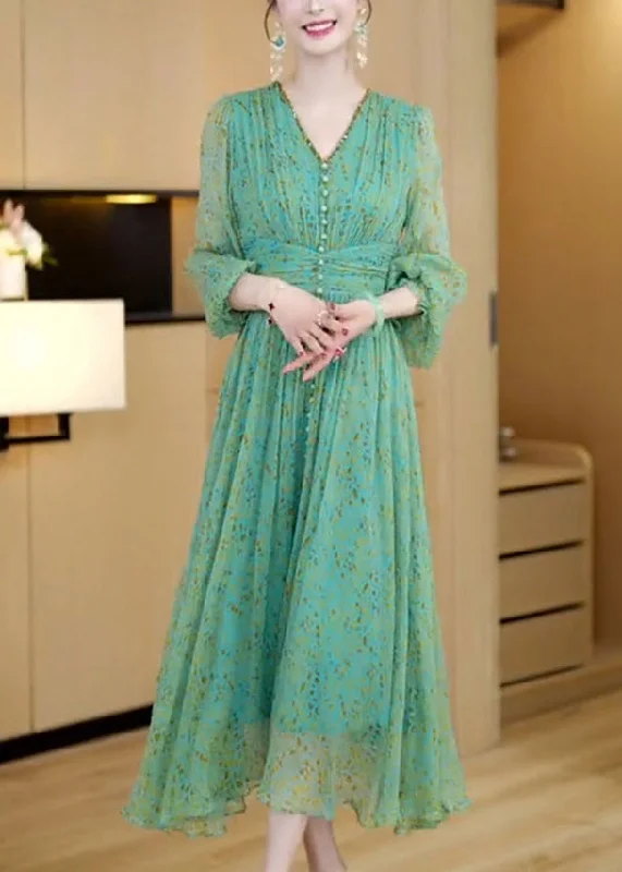 Stylish Green V Neck Print Button Slim Chiffon Maxi Dresses Spring