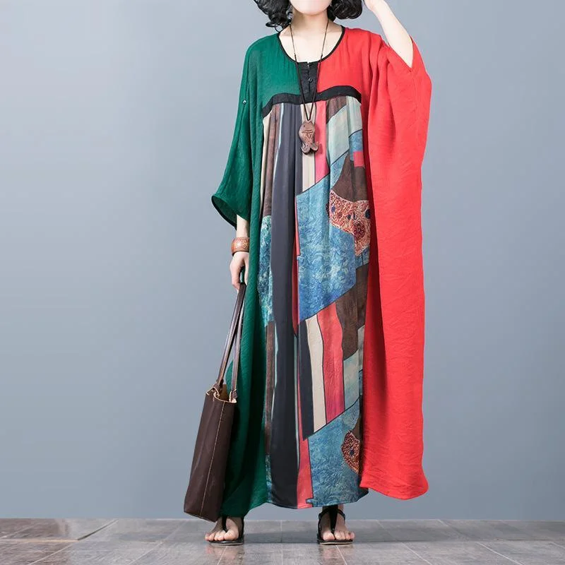 stylish red green patchwork  long silk dress casual o neck silk maxi dress top quality batwing sleeve gown