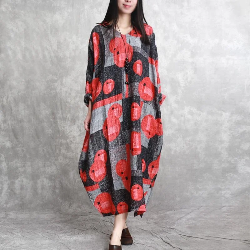 stylish red prints linen caftans oversize asymmetric linen clothing dress casual v neck maxi dresses