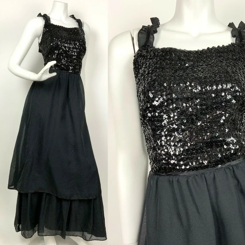 VINTAGE 60s 70s BLACK SEQUIN RUFFLE PARTY STUDIO 54 TIERED SHEER MAXI DRESS 12