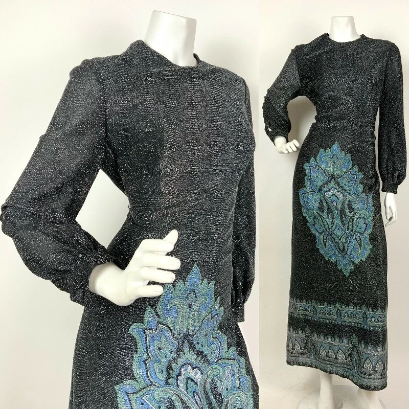 VINTAGE 60s 70s BLACK SILVER BLUE PAISLEY MANDALA ETHNIC LUREX MAXI DRESS 12 14