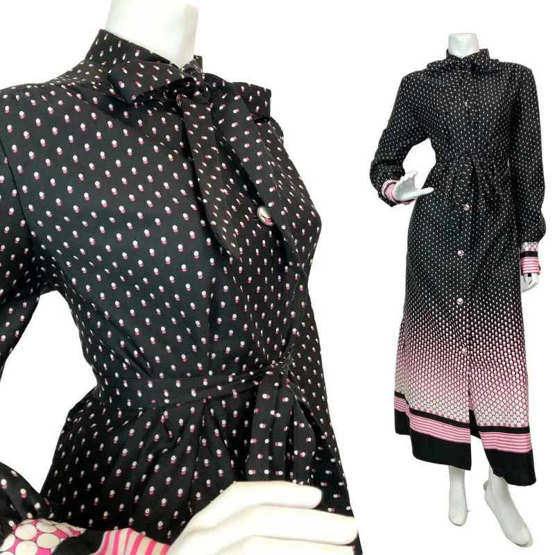 VINTAGE 60s 70s BLACK WHITE PINK HALFTONE DOTTY PUSSYBOW SHIRT MAXI DRESS 12 14