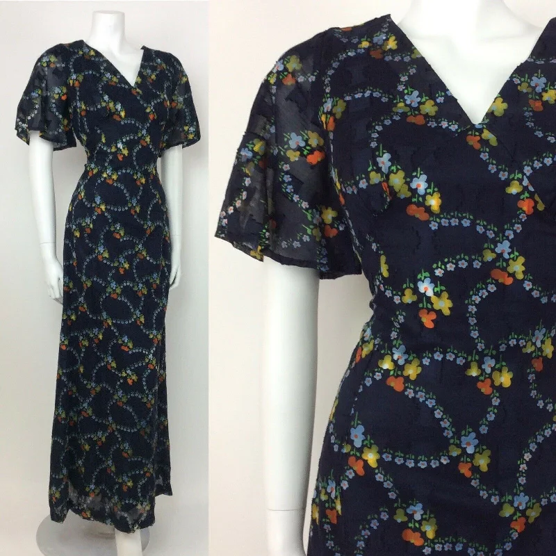 VINTAGE 60s 70s BLUE FLORAL DITSY ORANGE YELLOW GREEN SHEER MAXI DRESS 10 12