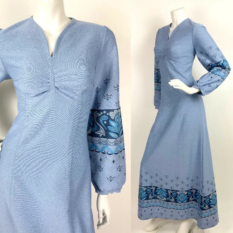 VINTAGE 60s 70s BLUE NAVY SILVER FLORAL WAVY GLITTERY PUFF SLEEVE MAXI DRESS 10