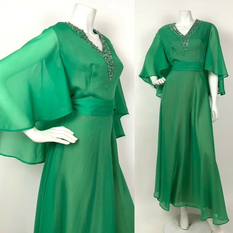 VINTAGE 60s 70s GREEN SILVER IRIDESCENT SEQUIN BEADED CAPED SHEER MAXI DRESS 12