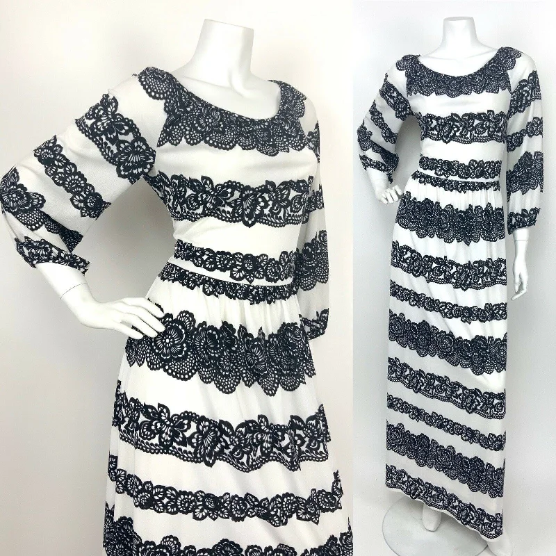 VINTAGE 70s WHITE BLACK STRIPED FLORAL LACE SUMMER MAXI DRESS 12