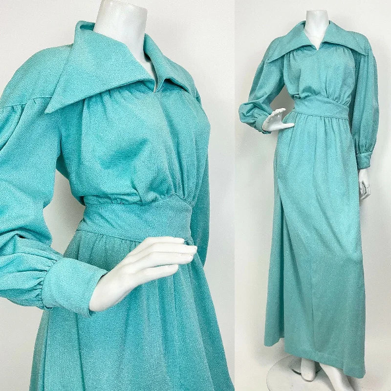 VTG 60s 70s BABY BLUE LUREX GLITTERY MOD STUDIO 54 DAGGER SHIRT MAXI DRESS 10