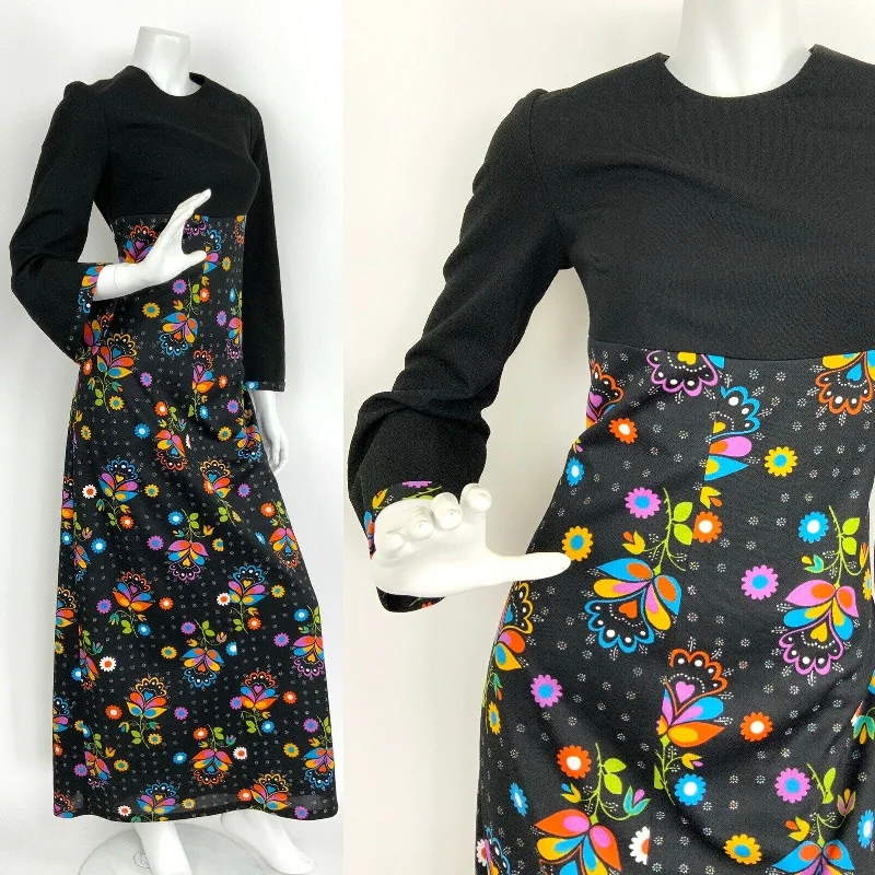 VTG 60s 70s BLACK ORANGE BLUE PURPLE PSYCHEDELICN FLOWER MAXI DRESS 10