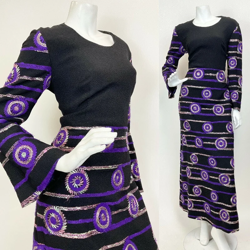 VTG 60s 70s BLACK PURPLE GOLD MINT EMBROIDERED GEOMETRIC MOD MAXI DRESS 12 14