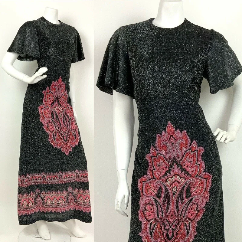 VTG 60s 70s BLACK SILVER PINK LUREX GLITTER PAISLEY CAPE SLEEVE MAXI DRESS 10