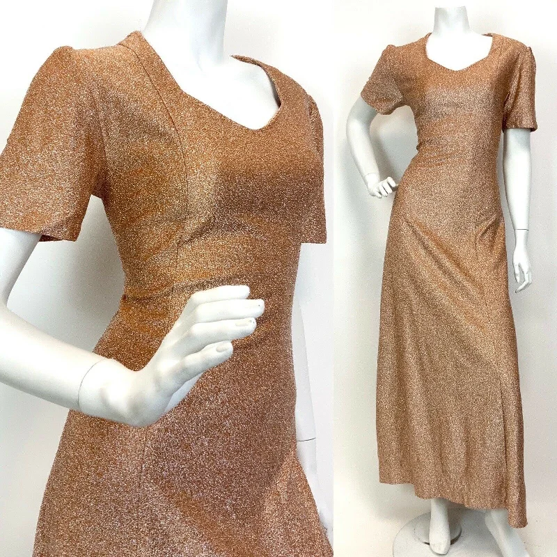 VTG 60s 70s PEACH COPPER METALLIC LUREX GLAM STUDIO 54 PARTY MAXI DRESS 12