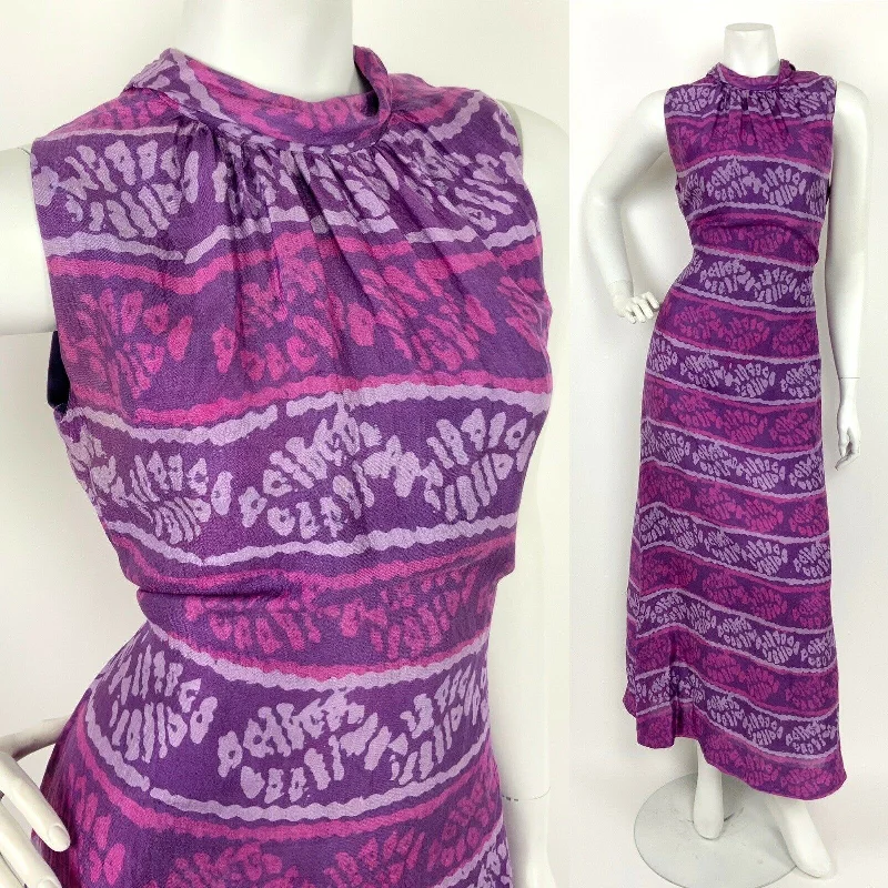 VTG 60s 70s PURPLE LILAC PINK ABSTRACT TURTLENECK SLEEVELESS MAXI DRESS 12 14