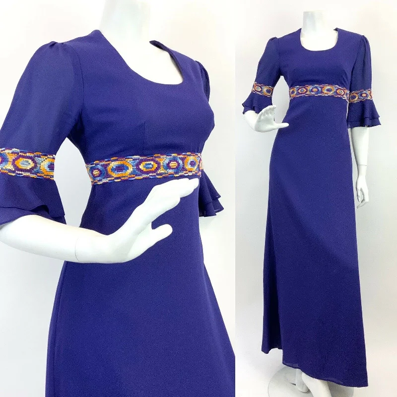 VTG 60s 70s PURPLE ORANGE BLUE EMBROIDERED GEOMETRIC MOD EMPIRE MAXI DRESS 10 12