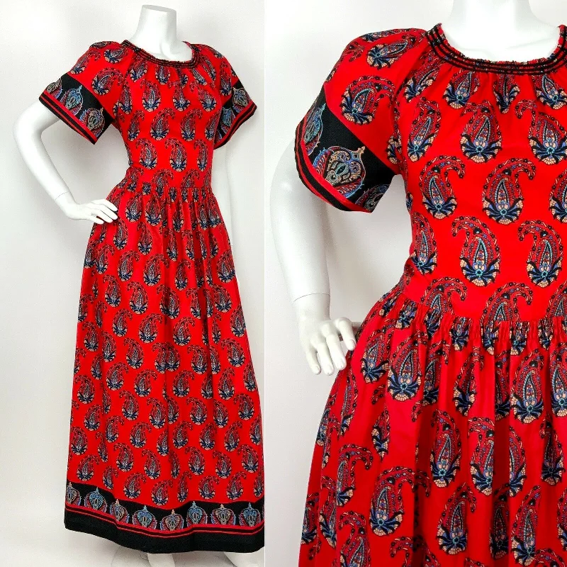 VTG 60s 70s RED NAVY BLUE BEIGE FLORAL PAISLEY PSYCHEDELIC MAXI DRESS 10 12