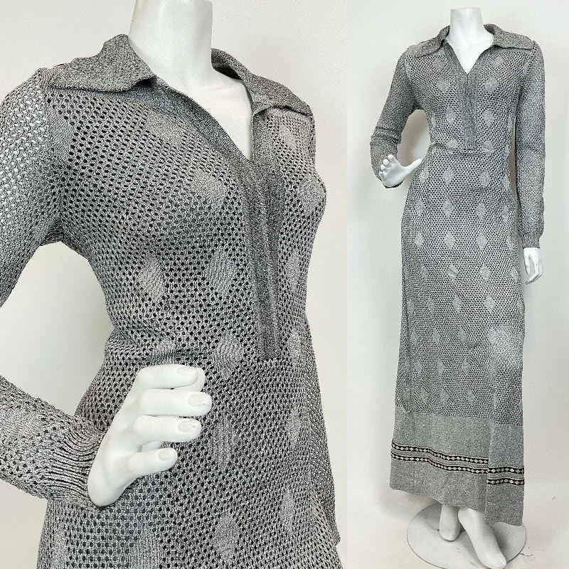 VTG 60s 70s SILVER GOLD MESH MOD DISCO STUDIO 54 DAGGER SHIRT MAXI DRESS 12 14