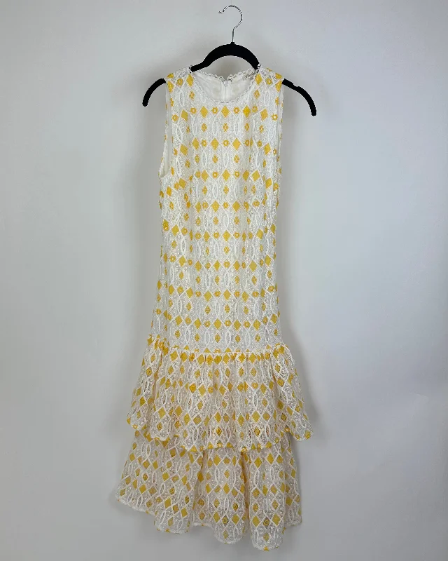 White and Yellow Lace Maxi Dress - Size 4