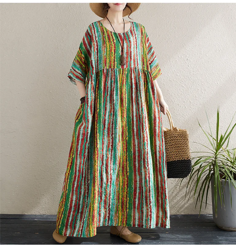 Women Colorful Striped Loose Midi Dress