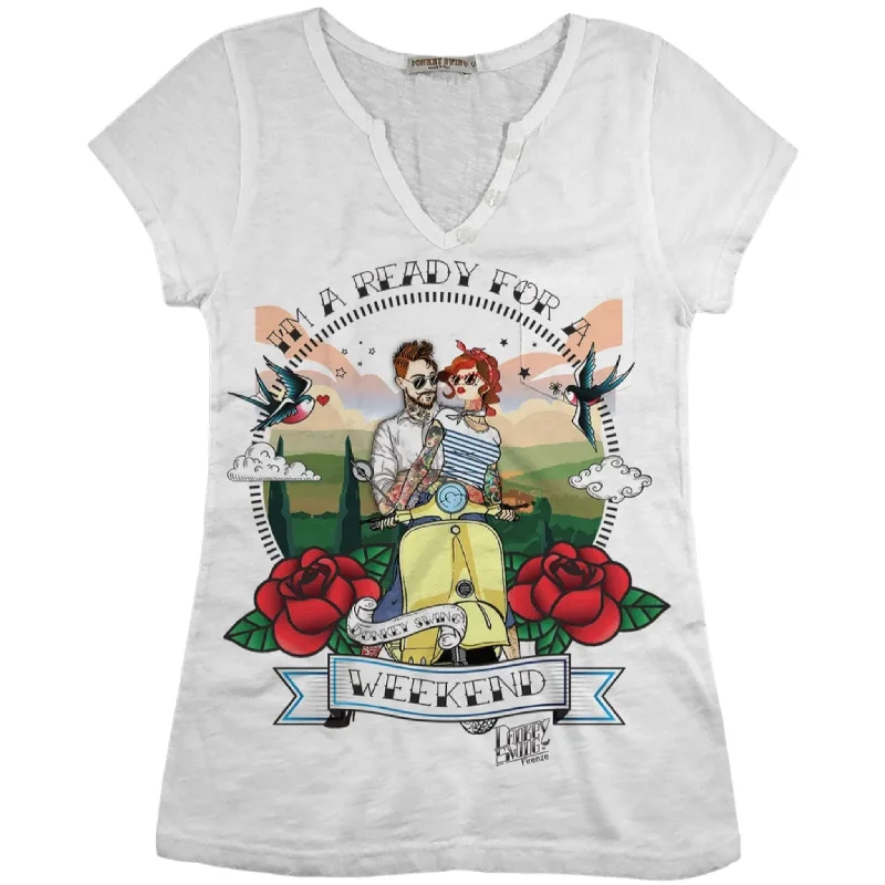 Vintabros Weekend on Vespa Cotton Women T-shirt V Neck Nylon Fabric Polyester Fabric Spandex Fabric Vintabros Weekend on Vespa Cotton Women T-shirt V Neck Nylon Fabric Polyester Fabric Spandex Fabric