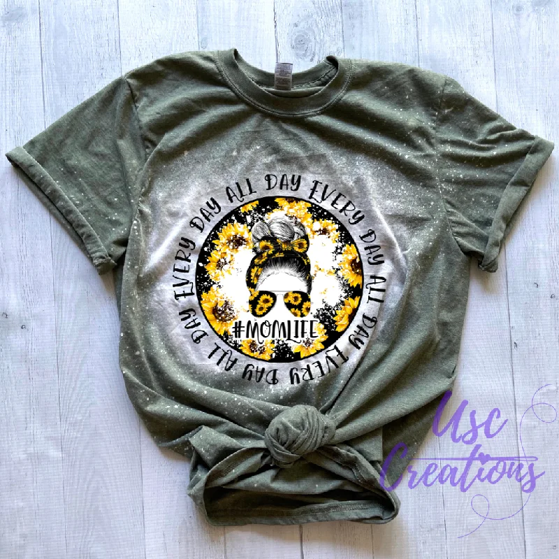 Messy Bun Sunflowers #MomLife Bleached Unisex Soft Style T-Shirt Polka Dot Checkered Tartan
