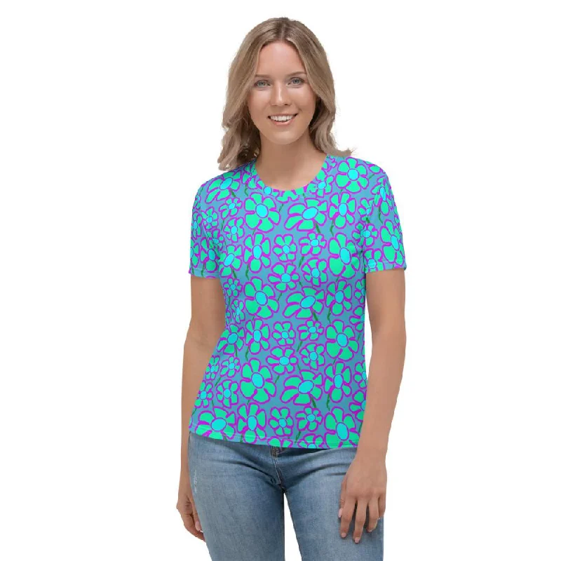 Greenflower Pattern on Blue - AOP Women's T-shirt