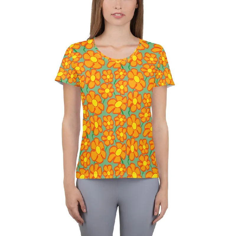 Orangeflower Pattern on Green - All-Over Print Women's Athletic T-shirt