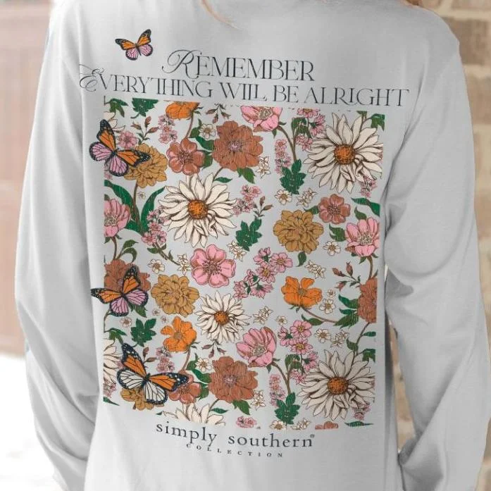 Simply Southern Women's Long Sleeve "Everything Will Be Alright" Butterfly & Floral T-Shirt