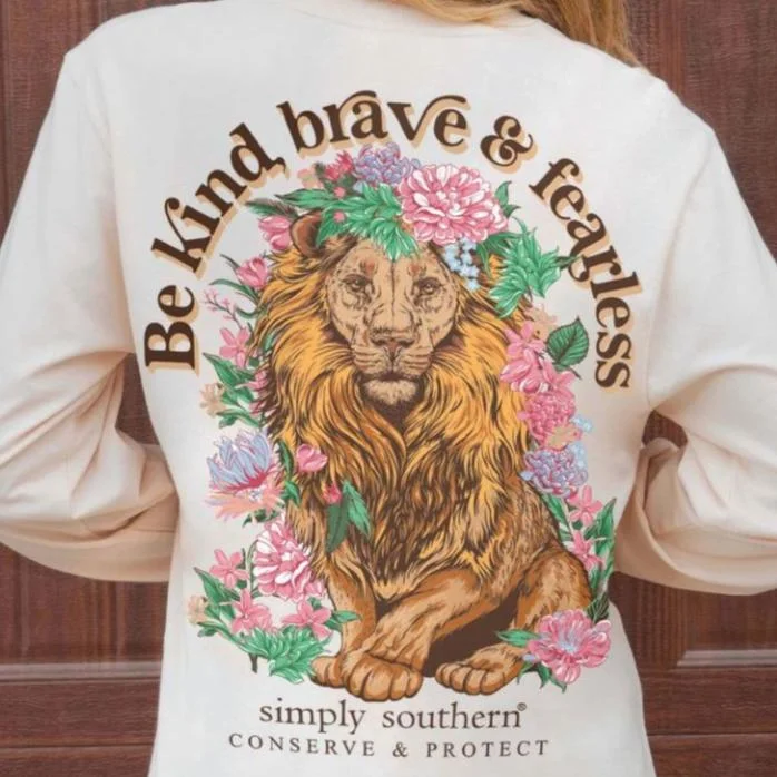 Simply Southern Women's Long Sleeve Lion Tracking T-Shirt Be Kind, Brace and Fearless