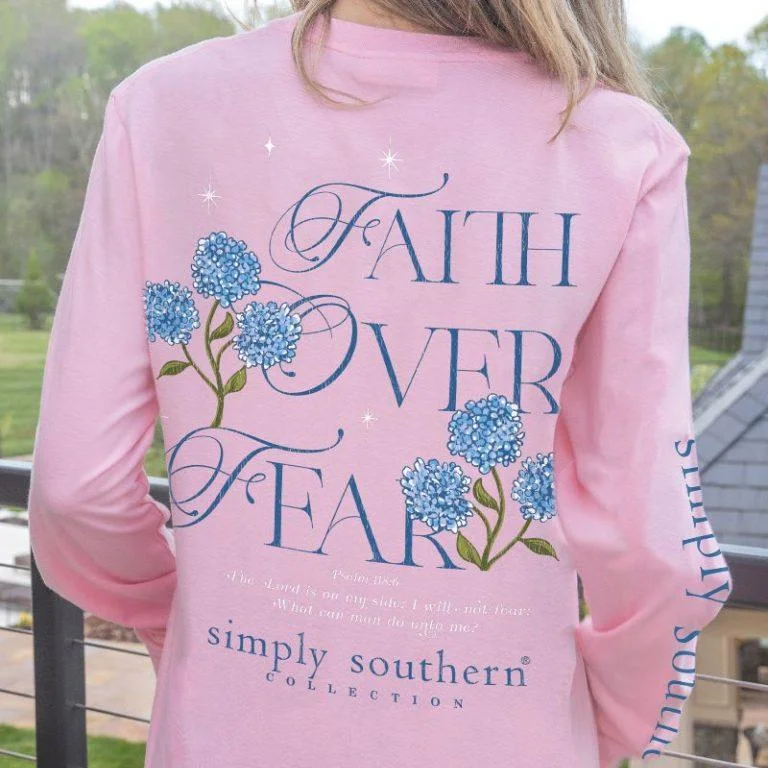 Simply Southern Women's Long Sleeve T-Shirt - "Faith Over Fear" with Blue Floral Design