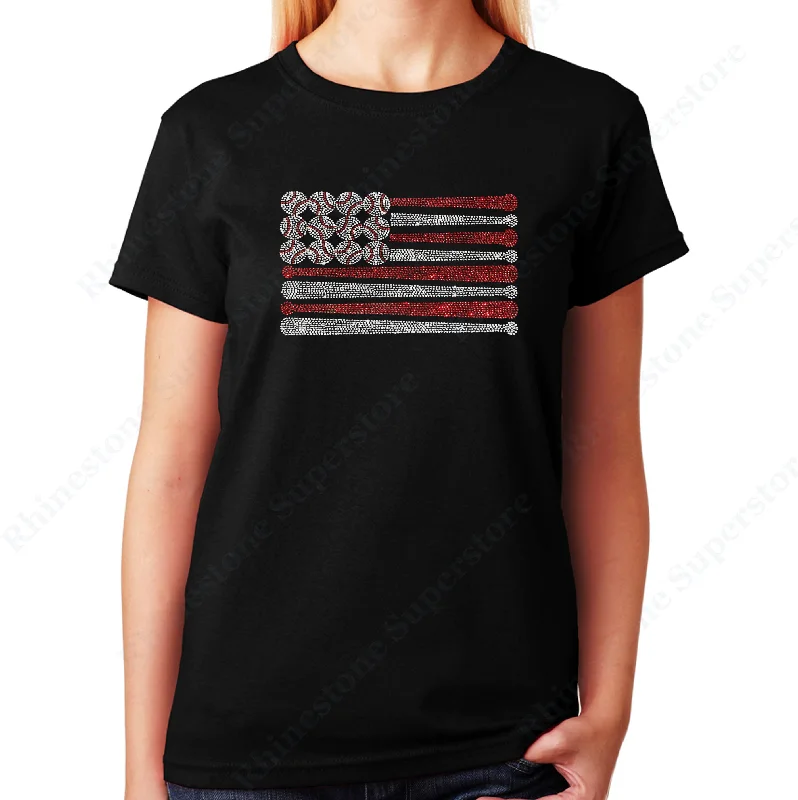 Women's / Unisex T-Shirt with Baseball Bats & Balls Flag in Rhinestones