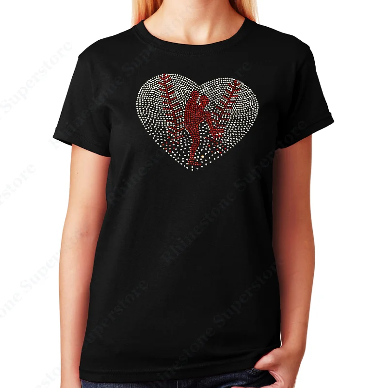 Women's / Unisex T-Shirt with Baseball Heart with Pitcher in Rhinestones