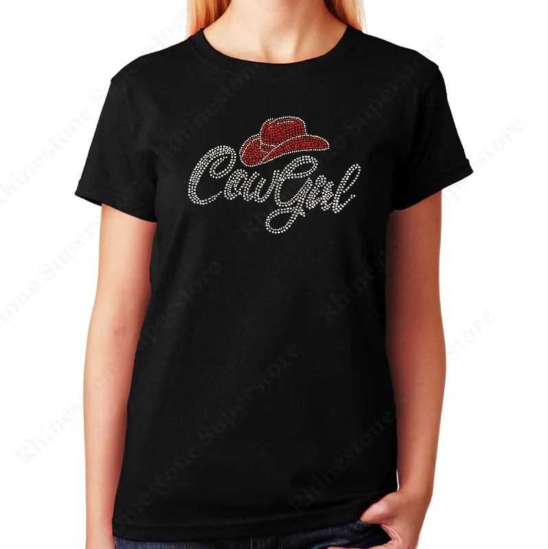 Women's / Unisex T-Shirt with Cowgirl with Red Hat in Rhinestones