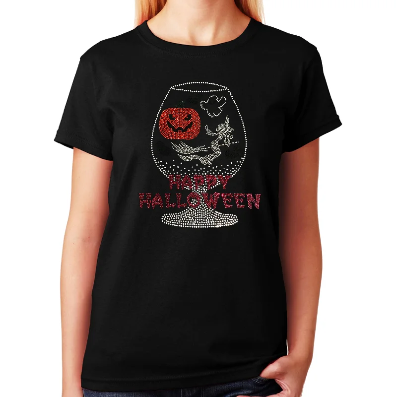 Women's / Unisex T-Shirt with Happy Halloween Cup with Pumpkin , Witch in Rhinestones