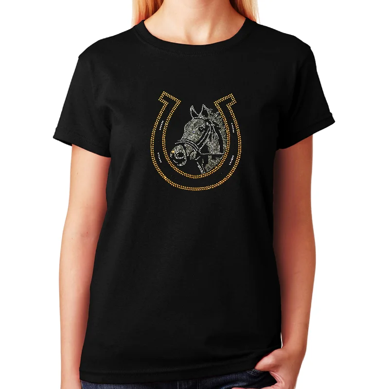 Women's / Unisex T-Shirt with Horse and  Lucky Horseshoe - Equestrian in Rhinestones