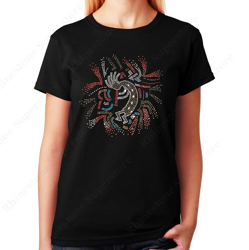 Women's / Unisex T-Shirt with Kokopelli Playing Flute in Rhinestones