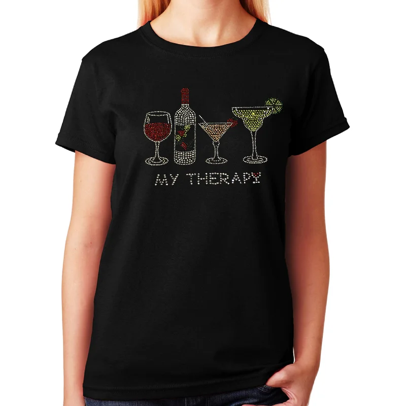 Women's / Unisex T-Shirt with My Therapy - Wine Bottle - Drinks in Rhinestones