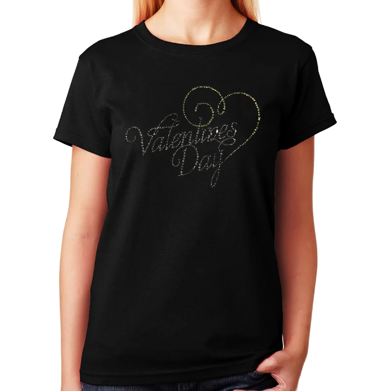 Women's / Unisex T-Shirt with Valentines Day with Pink Heart in Script in Rhinestones