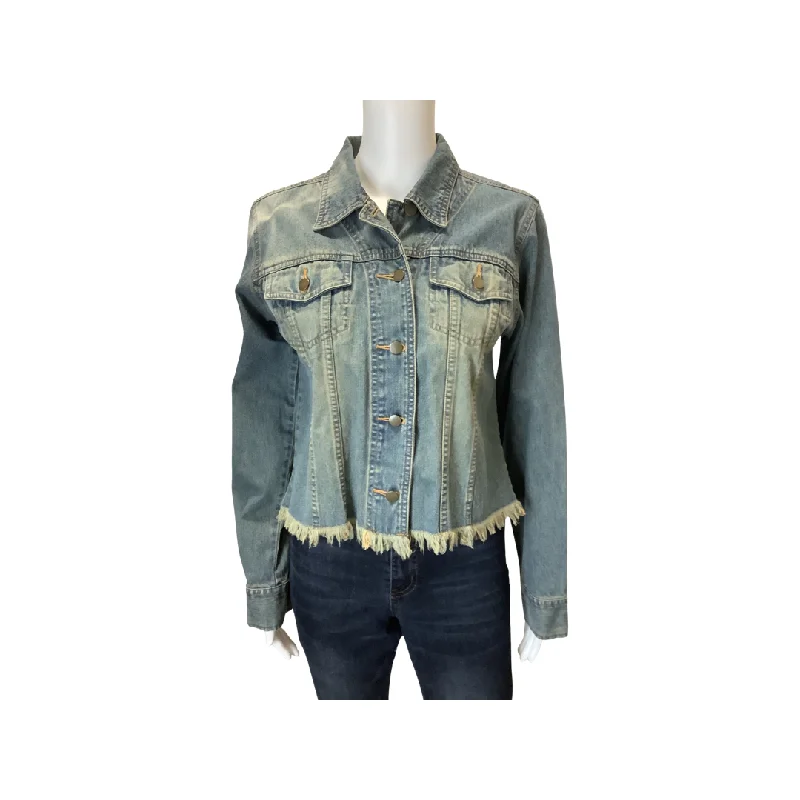 Classic Blues Faded Blue Raw Hem Jean Jacket Size L Zip Front Button Front Snap Front Classic Blues Faded Blue Raw Hem Jean Jacket Size L Zip Front Button Front Snap Front