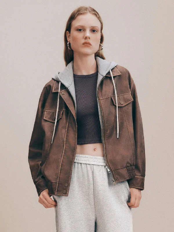 Distressed 2 In 1 Hooded Vegan Leather Jacket Satin Jacket Silk Jacket Chiffon Jacket Distressed 2 In 1 Hooded Vegan Leather Jacket Satin Jacket Silk Jacket Chiffon Jacket