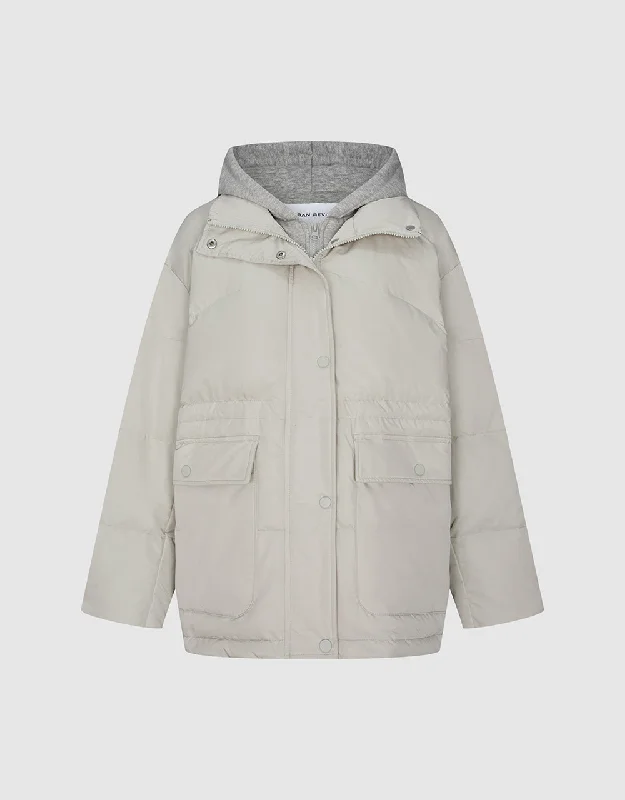 Hooded Straight Down Jacket Hoodie Zip-Up Jacket Button-Up Jacket
