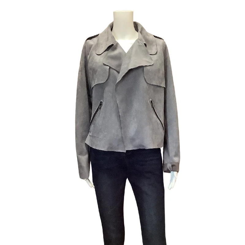 Kut Women's Jacket Grey Faux Suede Size: L Front Pockets Side Pockets Patch Pockets Kut Women's Jacket Grey Faux Suede Size: L Front Pockets Side Pockets Patch Pockets