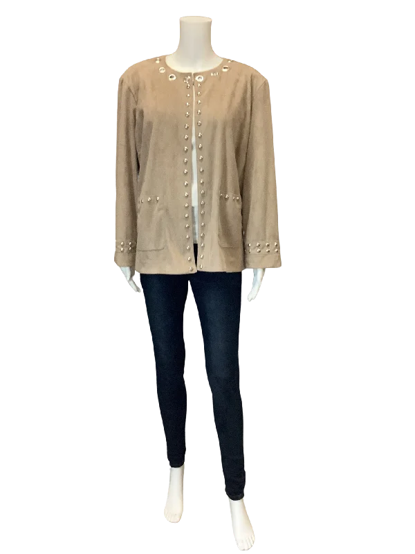 Ming Wang Womans Jacket Open Front Rivets Tan Size: XL Satin Fabric Silk Fabric Chiffon Fabric Ming Wang Womans Jacket Open Front Rivets Tan Size: XL Satin Fabric Silk Fabric Chiffon Fabric