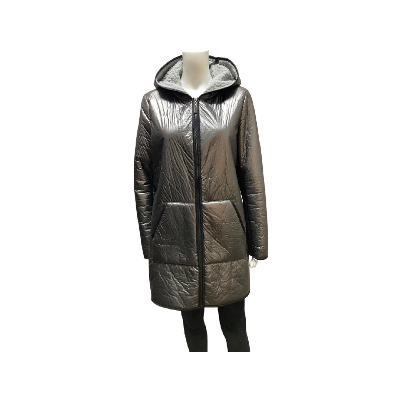 Nikki Jones Metallic Hooded Sherpa Jacket Size S/P Notch Collar Jacket Peter Pan Collar Jacket Cowl Neck Jacket Nikki Jones Metallic Hooded Sherpa Jacket Size S/P Notch Collar Jacket Peter Pan Collar Jacket Cowl Neck Jacket