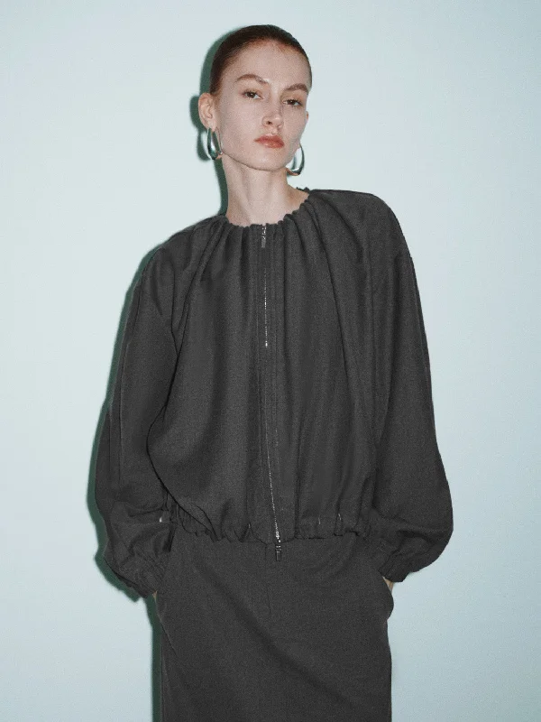 Zipper Front Crew Neck Loose Jacket Wool Fabric Cashmere Fabric Tweed Fabric