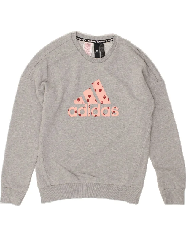 ADIDAS Girls Graphic Sweatshirt Jumper 11-12 Years Grey Cotton Hoodie with Hem Frayed Vintage Worn ADIDAS Girls Graphic Sweatshirt Jumper 11-12 Years Grey Cotton Hoodie with Hem Frayed Vintage Worn