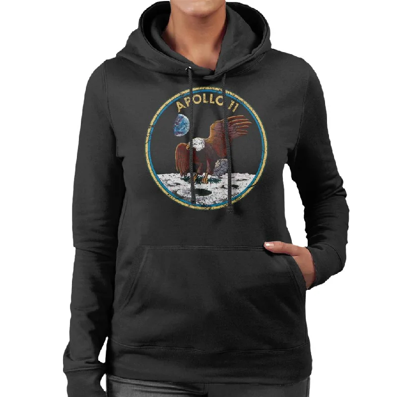 NASA Apollo 11 Mission Badge Distressed Women's Hooded Sweatshirt Hoodie with Tied Waist Feminine Flattering NASA Apollo 11 Mission Badge Distressed Women's Hooded Sweatshirt Hoodie with Tied Waist Feminine Flattering
