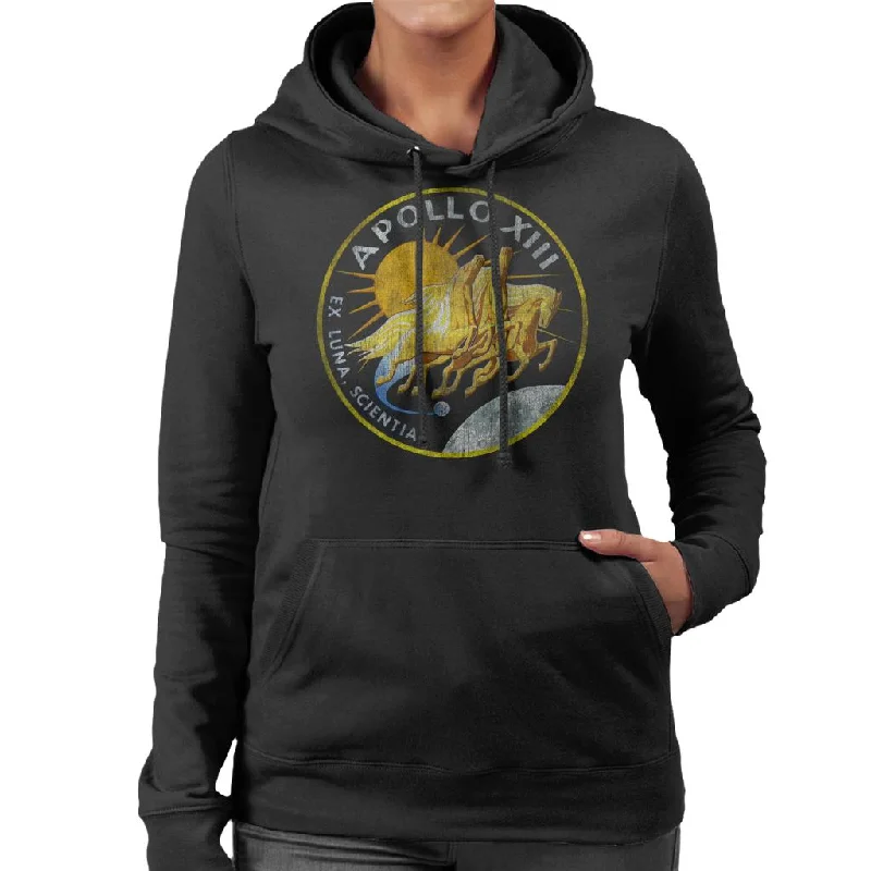 NASA Apollo 13 Mission Badge Distressed Women's Hooded Sweatshirt Hoodie with Button Classic Timeless NASA Apollo 13 Mission Badge Distressed Women's Hooded Sweatshirt Hoodie with Button Classic Timeless