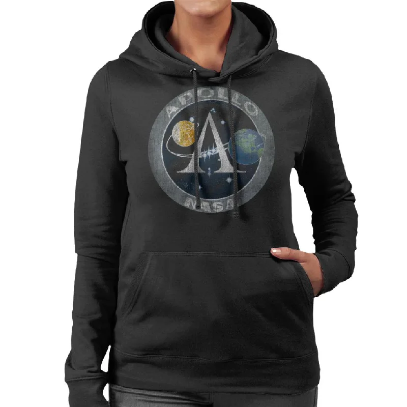 NASA Apollo Program Logo Badge Distressed Women's Hooded Sweatshirt Hoodie with Ribbed Cuffs Snug Fit Comfort NASA Apollo Program Logo Badge Distressed Women's Hooded Sweatshirt Hoodie with Ribbed Cuffs Snug Fit Comfort